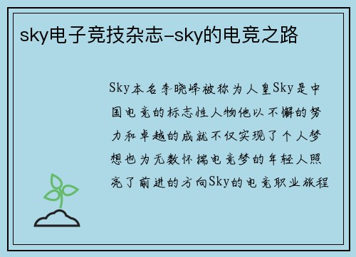 sky电子竞技杂志-sky的电竞之路