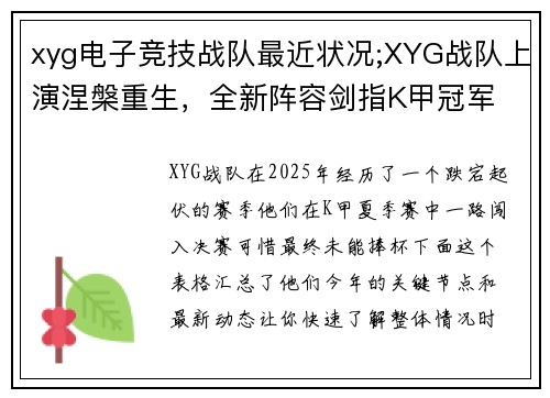 xyg电子竞技战队最近状况;XYG战队上演涅槃重生，全新阵容剑指K甲冠军